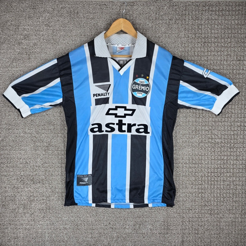 Vintage 1999 Penalty Gremio Astra Chevy Soccer Jersey Mens Medium Blue Striped